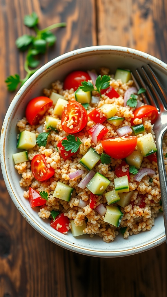 A vibrant quinoa salad with vegetables in a bowl, garnished with parsley on a wooden table.
